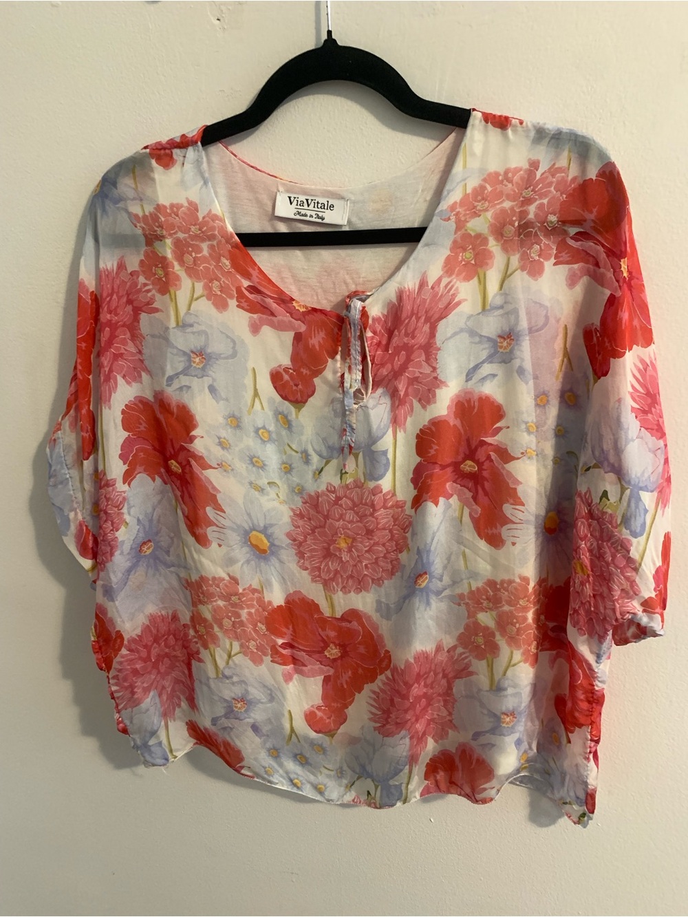 Via Vitale Coral Floral Tie-Neck Blouse